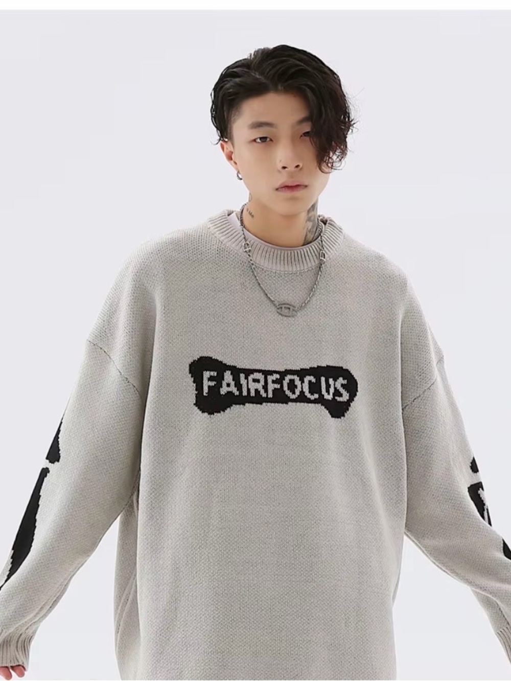 Aelfric Eden Light Gray Crewneck Sweater with Black Logo, Medium